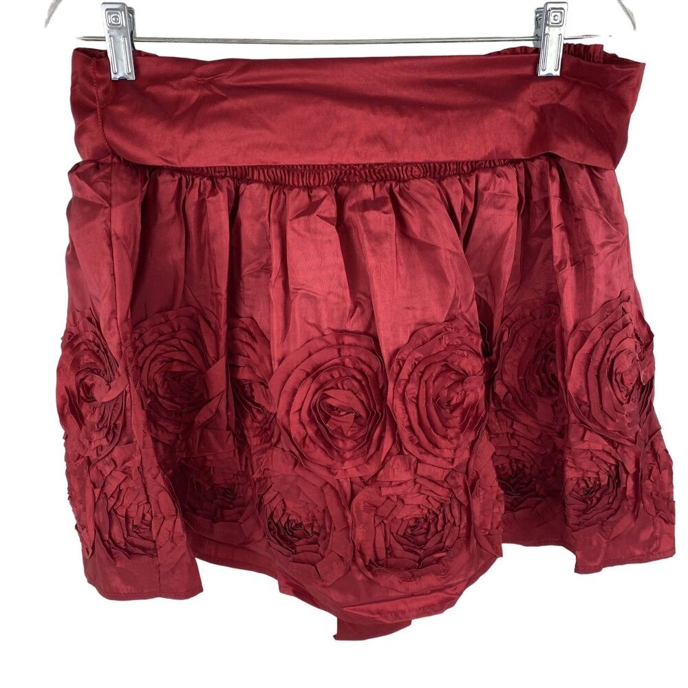 Red Satin Feminine Festive Preppy Fairy Tulle Lined Floral Applique Mini Skirt M - Picture 2 of 14